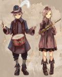  brown_eyes brown_hair coat drum flute hat instrument musical_note original routemoc twin_braids white_hair 