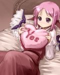  bed blush eye_reflection heart heart_pillow highres lying mystia_lorelei no_hat no_headwear on_back pillow pillow_hug pink_hair purple_eyes reflection short_hair solo touhou valentine wings yes yes-no_pillow you_naka 