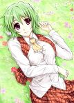  ascot funeral_(artist) grass green_hair kazami_yuuka lying plaid plaid_skirt plaid_vest red_eyes short_hair skirt skirt_set smile solo sumisi tartan touhou vest 