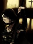  black_hair cape choker demon&#039;s_souls dress female long_hair maiden_in_black necklace solo staff tororoto 
