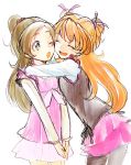  2girls :d ^_^ arms_around_neck brown_hair closed_eyes green_eyes half_updo houjou_hibiki hug kurochiroko long_hair minamino_kanade multiple_girls open_mouth orange_hair pantyhose precure simple_background sketch skirt smile suite_precure two_side_up white_background wink 