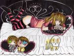  amane_misa bed blonde_hair bracelet candle death_note doll gothic panties pillow sheet skull thigh-highs twintails yellow_eyes 