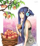  blue_hair food fruit headphones hinkalo long_hair orange_eyes peach smile solo tree 