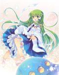  blush colored_eyelashes detached_sleeves eyelashes frog gohei green_eyes green_hair hair_ornament hands japanese_clothes jewelry kochiya_sanae long_hair miko necklace open_mouth shinia skirt smile snake solo star touhou ufo 