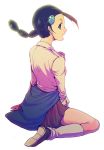  black_hair braid brown_eyes from_behind gym_leader hair_bobbles hair_ornament hirococo hirococo_(hakka) long_sleeves looking_back nintendo open_mouth pokemon pokemon_(game) pokemon_dppt shoes simple_background sitting skirt socks solo suzuna_(pokemon) twin_braids white_background 