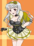  breasts choker cleavage gloves hair_ornament hand_on_hip headband idolmaster large_breasts long_hair lowres nanagami pleated_skirt red_eyes shijou_takane silver_hair skirt solo 