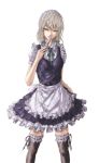  black_legwear black_thighhighs braid dress frills garters grey_hair highres izayoi_sakuya knife l-grey lips maid maid_headdress red_eyes ribbon short_hair short_sleeves sketch smile solo standing thigh-highs thighhighs touhou twin_braids zettai_ryouiki 