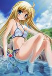  ahoge barefoot bikini blonde_hair blue_eyes feet feet_in_water hair_ornament hairclip highres horii_kumi kagura_aya long_hair pool se.kirara side-tie_bikini sitting smile soaking_feet solo star sunbeam sunlight swimsuit very_long_hair water 