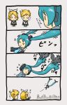  4koma bird chibi comic hair_pull hatsune_miku kagamine_len kagamine_rin long_hair o_o shimota translated translation_request twintails very_long_hair vocaloid |_| 