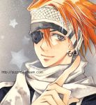 d.gray-man earrings eyepatch grey_eyes jewelry lavi male orange_hair pointing scarf sizz smile solo star 