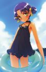  armpits bare_shoulders bindi blush child choker cloud dark_skin double_bun flat_chest frilled_swimsuit frills goggles goggles_around_neck hair_ribbon highres innertube kaya_(littlewitch) littlewitch_romanesque mole one-piece_swimsuit ooyari_ashito oshiro_chitose outdoors oyari_ashito period period_sweet_drops polka_dot polka_dot_swimsuit purple_hair ribbon see-through short_hair sky smile solo standing swimsuit wading water yellow_eyes 
