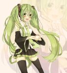  detached_sleeves green_eyes green_hair hatsune_miku headphones headset highres long_hair necktie skirt smile solo thigh-highs thighhighs twintails very_long_hair vocaloid zettai_ryouiki 