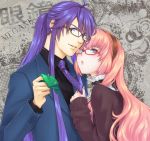  blue_eyes blue_hair glasses hairband jacket kamui_gakupo megurine_luka necktie ohse pink_hair vocaloid 