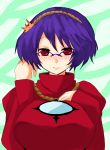  bespectacled blush breasts glasses han_(jackpot) highres huge_breasts purple_hair red_eyes short_hair shy solo touhou yasaka_kanako 