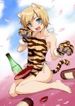  apron armpits barefoot blue_eyes bottle cat_ears dutch_angle fang feet flat_chest highres kneeling marotang naked_apron open_mouth original paws sake short_hair sitting smile solo tiger_paws wariza 