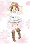  1girl alternate_headwear artist_request blush boots brown_hair dress flower haruka_(pokemon) hat high_heels pokemon shoes smile solo straw_hat white_dress 