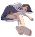  1girl artist_name barefoot brown_hair lying mattaku_mousuke on_side one_eye_closed original school_uniform short_hair sleepy soles solo watermark white_background 