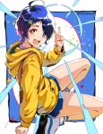  1girl baggy_clothes blue_hair chromatic_aberration dootmoon hair_ornament hair_over_one_eye hairclip heterochromia highres hood hoodie looking_at_viewer ooto_ai open_mouth shoes short_hair short_shorts shorts sneakers solo triangle_hair_ornament v wonder_egg_priority yellow_hoodie 