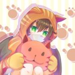  animal_ears animal_hood brown_hair cat_ears cat_hood claws gloves green_eyes highres holding hood ibushi_gin kimi_ga_shine looking_at_viewer mask mew-chan mikotocchi_774 paw_print short_hair solo solo_focus striped stuffed_toy whiskers wings 