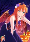  1girl :p absurdres animal_ears blue_eyes blush collarbone commentary_request demon_wings flower hair_flower hair_ornament halloween highres horse_ears horse_girl jack-o&#039;-lantern night orange_hair sakurakkuma silence_suzuka_(umamusume) sleeveless smile solo tongue tongue_out umamusume wings 