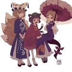  3girls adapted_costume animal_ear_fluff animal_ears asymmetrical_legwear bangs blonde_hair blue_eyes breasts brown_hair cat_ears chen commentary_request earrings eyebrows_visible_through_hair eyeshadow flame_print fox_tail gap_(touhou) gloves hair_between_eyes hat highres jewelry large_breasts long_sleeves looking_at_viewer makeup mob_cap multiple_girls multiple_tails nekomata oil-paper_umbrella red_eyes red_eyeshadow shoes short_hair short_sleeves sidelocks simple_background single_earring smile sokura_(mochichitose) standing tabard tail tassel touhou two_tails umbrella uneven_legwear white_background white_gloves white_legwear yakumo_ran yakumo_yukari yin_yang yin_yang_print 