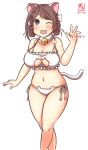  1girl ahoge animal_ears artist_logo bra breasts brown_hair cat_cutout cat_ear_panties cat_ears cat_girl cat_lingerie cat_tail chougei_(kancolle) cleavage_cutout clothing_cutout collarbone dated eyebrows_visible_through_hair grey_eyes hair_rings highres kanon_(kurogane_knights) kantai_collection large_breasts long_hair meme_attire navel one-hour_drawing_challenge one_eye_closed open_mouth panties side-tie_panties simple_background smile solo tail underwear underwear_only white_background white_bra white_panties 