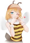  1girl bee_costume blonde_hair blue_eyes blush breasts cowboy_shot finger_heart fur-trimmed_collar heart highres hololive hololive_english medium_breasts medium_hair nail_polish one_eye_closed shirt solo striped striped_shirt tfqr watson_amelia white_background wristband yellow_nails 
