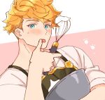  1boy apron black_apron blonde_hair blush bowl cooking cream granblue_fantasy green_eyes holding holding_bowl holding_whisk looking_at_viewer male_focus mixing_bowl satoimo_sanda shirt simple_background solo tongue tongue_out undercut upper_body vane_(granblue_fantasy) whisk white_shirt wiping_mouth 