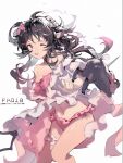  1girl :d arknights bangs black_hair blurry blurry_foreground bra dress eyjafjalla_(arknights) eyjafjalla_(summer_flowers)_(arknights) frilled_dress frilled_panties frills hair_between_eyes hair_ornament holding holding_staff kagura_tohru long_hair looking_at_viewer one_eye_closed open_mouth panties pink_bra pink_eyes pink_panties simple_background smile staff underwear wavy_hair white_background white_dress 