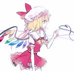  1girl ascot bangs blonde_hair cowboy_shot crystal flandre_scarlet hand_up hat hat_ribbon heart heart_of_string komeiji_koishi long_hair looking_to_the_side mimureem mob_cap red_eyes red_ribbon red_skirt red_vest ribbon shirt short_sleeves simple_background skirt touhou vest white_background white_headwear white_shirt wings yellow_neckwear 