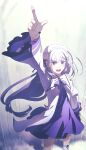  1girl absurdres arm_up braid cowboy_shot crown_braid dress emilia_(re:zero) flower hair_flower hair_ornament hair_ribbon hand_on_hip hand_up harusabin highres jacket long_hair long_sleeves open_mouth pointing pointing_up pointy_ears purple_dress purple_ribbon re:zero_kara_hajimeru_isekai_seikatsu ribbon silver_hair solo standing teeth violet_eyes white_flower white_jacket white_legwear 