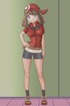  1girl aruman bangs belt bike_shorts black_legwear blue_eyes breasts brown_bag brown_belt brown_hair closed_mouth collared_shirt commentary contrapposto fanny_pack full_body hand_on_hip highres knees large_breasts long_hair may_(pokemon) pokemon pokemon_(game) pokemon_rse red_bandana red_footwear red_shirt shirt shoes short_sleeves smile socks solo split_mouth standing tile_floor tiles 