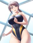  1girl black_swimsuit breasts brown_eyes brown_hair collarbone competition_swimsuit covered_navel cowboy_shot highres idolmaster idolmaster_cinderella_girls large_breasts looking_to_the_side low_ponytail mifune_miyu one-piece_swimsuit open_mouth pataneet solo standing swimsuit 