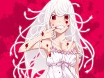  1girl alternate_eye_color alternate_hair_color alternate_hair_length alternate_hairstyle bare_shoulders blood blood_on_arm blood_on_chest blood_on_clothes blood_on_face blood_splatter blush bow breasts collarbone dress dress_bow finger_in_mouth highres long_hair looking_at_viewer monogatari_(series) pulling purple_bow red_background red_eyes sengoku_nadeko sleeveless sleeveless_dress small_breasts snake snake_hair solo spaghetti_strap spoilers strap_slip sundress teeth upper_body very_long_hair white_dress white_hair yamanami_kousuke 