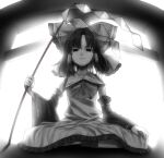  1girl ascot bangs black_eyes black_hair bow closed_mouth collarbone collared_dress commentary detached_sleeves dress frilled_bow frills from_below gohei greyscale hair_bow hair_tubes hakurei_reimu japanese_clothes looking_at_viewer m.u.g.e.n medium_hair miko monochrome nontraditional_miko ribbon-trimmed_sleeves ribbon_trim rion_(glayjirobass) sidelocks solo torii touhou white_background white_bow white_dress wide_sleeves 