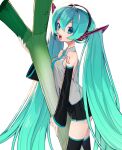  1girl aqua_eyes aqua_hair bare_shoulders blush breast_rest breasts detached_sleeves fang green_eyes green_hair hair_ornament hatsune_miku headphones highres long_hair looking_at_viewer medium_breasts necktie open_mouth skirt smile solo thigh-highs twintails very_long_hair vocaloid 