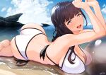  1girl ass bangs bikini black_hair blue_sky blunt_bangs blush breast_press breasts clouds cloudy_sky day eyebrows_visible_through_hair large_breasts long_hair looking_at_viewer lower_teeth lying nanahime on_stomach open_mouth original shore sky solo swimsuit violet_eyes water white_bikini 