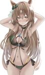  1girl ass_visible_through_thighs bikini blush brown_eyes brown_hair cobra_(cobra_63) commentary cowboy_shot ear_ornament green_bikini hair_between_eyes hair_ornament hands_in_hair hands_up highres horse_girl long_hair looking_at_viewer navel satono_diamond_(umamusume) side-tie_bikini simple_background solo stomach sweat swimsuit symbol-only_commentary thighs umamusume very_long_hair white_background 