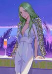  1girl alternate_costume blush breasts breasts_apart cape closed_mouth collarbone commentary_request cup dress drink drinking_glass fire_emblem fire_emblem:_three_houses forehead formal green_eyes green_hair highres lips long_hair looking_at_viewer medium_breasts outdoors pants pink_lips plant rhea_(fire_emblem) sawarame7674 sky sleeveless sleeveless_dress smile solo white_dress white_pants 