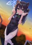 1girl :p animal_ear_fluff animal_ears arms_up bangs black_dress black_hair blue_archive blunt_bangs china_dress chinese_clothes clouds double_v dress dusk furannsupaku green_eyes highres leg_lift long_hair outdoors short_sleeves shun_(blue_archive) sky smile solo standing standing_on_one_leg thigh-highs thighs tiger_ears tiger_girl tongue tongue_out twintails v white_legwear 