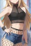  1girl bare_shoulders blonde_hair blush breasts fate/apocrypha fate_(series) head_out_of_frame highres long_hair mordred_(fate) mordred_(fate/apocrypha) navel small_breasts smile solo thighs tonee 