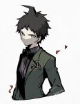  1boy ahoge artist_name asuna_(doruru-mon) bangs black_bow black_neckwear black_shirt bow bowtie brown_eyes brown_hair brown_jacket collared_shirt commentary_request cropped_torso danganronpa_(series) danganronpa_10th_anniversary_costume danganronpa_2:_goodbye_despair highres hinata_hajime jacket long_sleeves looking_at_viewer male_focus open_clothes open_jacket petals shirt short_hair simple_background solo upper_body white_background 