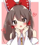  +_+ 1girl artist_name bangs bare_shoulders blush border bow brown_eyes brown_hair collar collared_dress detached_sleeves dress eyebrows_visible_through_hair eyes_visible_through_hair hair_between_eyes hair_ornament hair_tubes hakurei_reimu hands_up heart heart_print highres long_sleeves looking_at_viewer medium_hair necktie open_mouth pink_background red_bow red_dress red_heart shiki_(s1k1xxx) simple_background solo star-shaped_pupils star_(symbol) symbol-shaped_pupils teeth touhou white_border wide_sleeves yellow_neckwear 