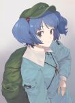  1girl backpack bag blue_eyes blue_hair blush from_above hair_bobbles hair_ornament hand_on_hip hat highres kawashiro_nitori key looking_at_viewer looking_to_the_side looking_up medium_hair shiratama_(hockey) smile solo texture touhou two_side_up upper_body 