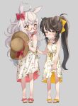  2girls absurdres ahoge animal_ears bangs bare_arms bare_shoulders biwa_hayahide_(umamusume) black_hair blush bow brown_eyes brown_footwear brown_headwear commentary_request dress ear_bow eyebrows_visible_through_hair floral_print glasses grey_background hair_between_eyes hat hat_bow hat_removed headwear_removed highres holding holding_clothes holding_hat horse_ears long_hair multiple_girls narita_brian_(umamusume) ponytail print_dress red-framed_eyewear red_bow sandals semi-rimless_eyewear simple_background sleeveless sleeveless_dress u_(uminonaka000) umamusume under-rim_eyewear very_long_hair white_dress white_hair younger 