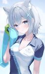  1girl animal_ear_fluff animal_ears blue_archive blue_eyes blue_shirt blush breasts cat_ears drying extra_ears eyebrows_visible_through_hair gloves green_gloves grey_background grey_hair hair_ornament highres holding holding_towel looking_at_viewer mizu_(lzzrwi603) shiroko_(blue_archive) shiroko_(cycling)_(blue_archive) shirt short_hair simple_background small_breasts solo sweat towel two-tone_shirt upper_body white_shirt x_hair_ornament 