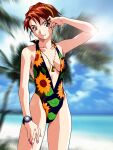  1990s_(style) 1girl arm_up beach casual_one-piece_swimsuit center_opening cowboy_shot day feet_out_of_frame floral_print hairband halterneck highres jewelry lens_flare light_smile looking_at_viewer nail_polish necklace official_art one-piece_swimsuit outdoors photo_background photoshop_(medium) pink_nails red_eyes redhead retro_artstyle short_hair solo swimsuit takiguchi_shouko watch watch yamada_masaki zenkoku_seifuku_bishoujo_grand_prix 