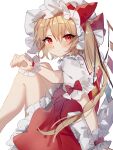  1girl arm_support bangs blonde_hair blush bow closed_mouth commentary_request crystal expressionless eyebrows_visible_through_hair flandre_scarlet foot_out_of_frame from_side hair_between_eyes hair_bow hat highres knees_up looking_at_viewer mob_cap one_side_up petticoat puffy_short_sleeves puffy_sleeves red_bow red_eyes red_skirt red_vest short_hair short_sleeves simple_background skirt solo sorani_(kaeru0768) touhou vest white_background white_headwear wings wrist_cuffs 