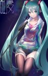  1girl bangs black_legwear black_shorts blue_background blue_eyes blue_hair collarbone eyebrows_visible_through_hair hair_between_eyes hatsune_miku headphones highres hood hood_down hooded_sweater long_hair looking_at_viewer micro_shorts microphone_stand midriff parted_lips pink_shirt saikuu see-through shiny shiny_clothes shiny_hair shiny_legwear shirt shorts sleeveless sleeveless_shirt solo stomach sweater thigh-highs thigh_gap twintails very_long_hair vocaloid white_sweater zettai_ryouiki 