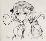  1girl backpack bag bangs closed_mouth cropped_torso crowbar eyebrows_visible_through_hair flat_cap greyscale hair_bobbles hair_ornament hat highres kawashiro_nitori key long_sleeves looking_at_viewer monochrome pocket short_hair signature solo speech_bubble touhou translation_request two_side_up upper_body yonoisan 